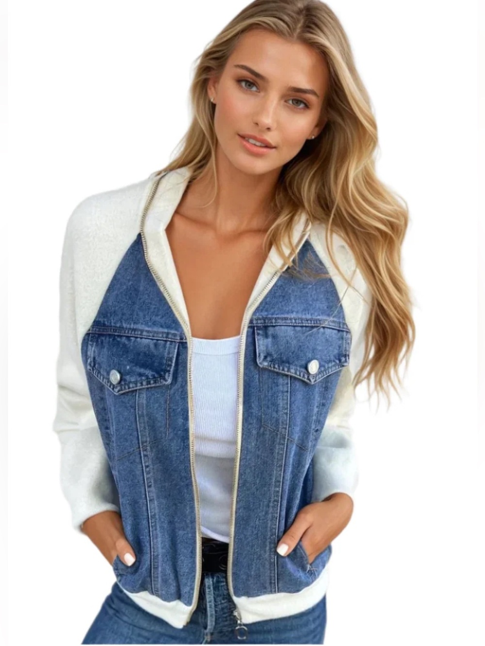 ShopEvelynne Blue Denim Front with Cream Knit-Sleeve Jacket